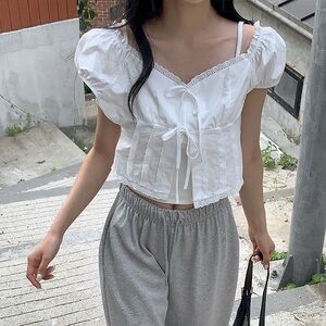 Korean Brand Nearwear Short Sleeve White Tie Blouse